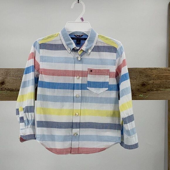 $49 Tommy Hilfiger Boys Button Down Shirt NWT Stripes LongSleeve - Picture 1 of 7
